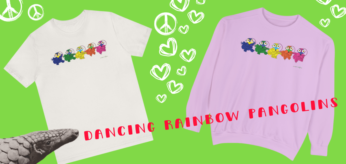 Dancing rainbow pangolin t shirts + stickers