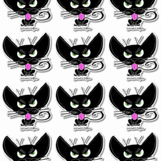 Tiny black cat stickers on a sticker sheet by snoots + teefers in Tucson, Arizona